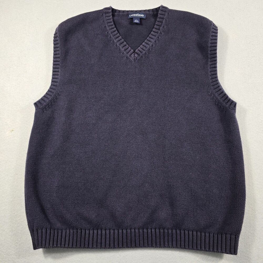 Lands End Men's Large Navy Blue V-Neck Pullover Sweater Vest 100% Cotton